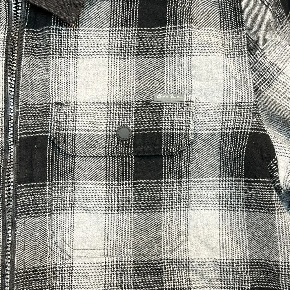 Eddie Bauer Jacket Mens Large Gray Plaid Sherpa Lined Flannel Full Zip Outdoor